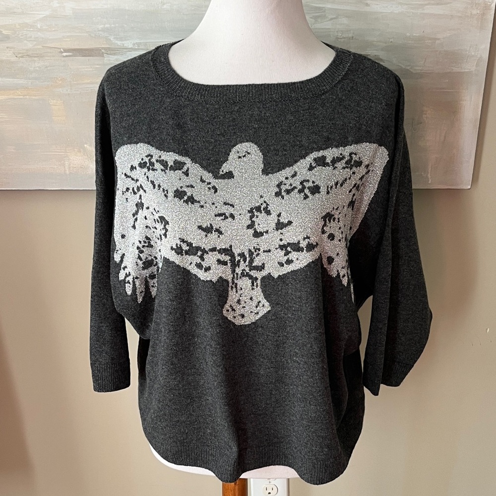 Koch cashmere blend gray sweater with dolman sleeves and metallic bird
